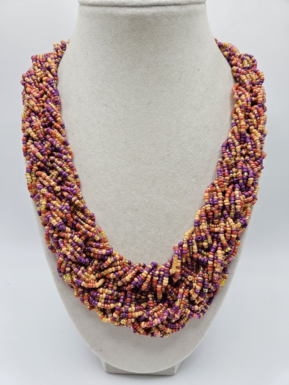 VINTAGE Multicolor Glass Seed Bead Braided Beaded Statement Necklace Boho